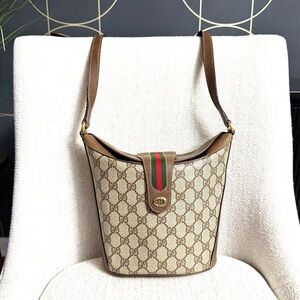 Gucci authentic bucket shoulder bag brown monogram supreme canvas w leather